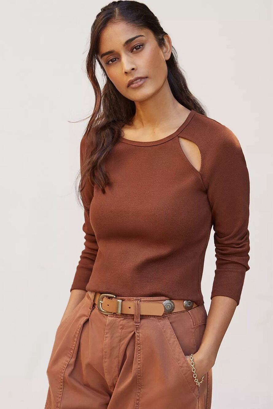 Anthropologie Maeve Minimalist Ribbed Cut Out Long Sleeve Top Brown, Large NWT